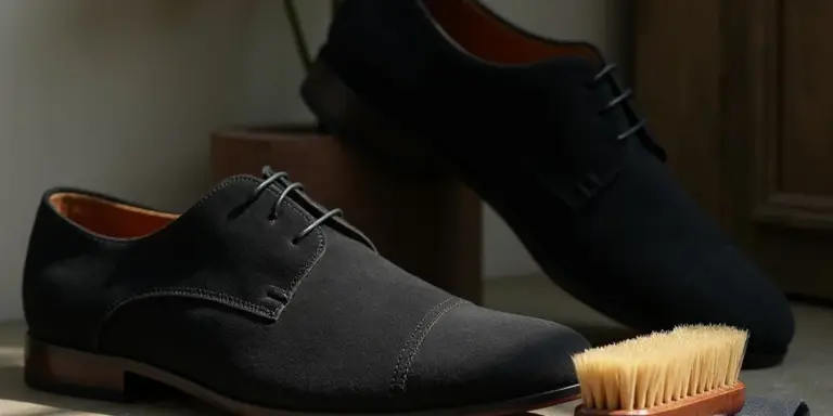 Close-up of black faux suede dress shoes with a small brush nearby, illustrating scuff repair.