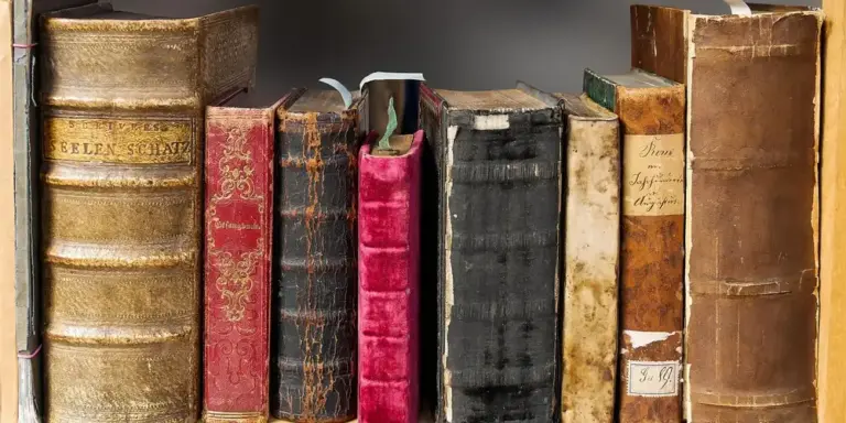 A row of old, leather-bound books on a shelf showing varying wear and color, suggesting traditional craftsmanship.
