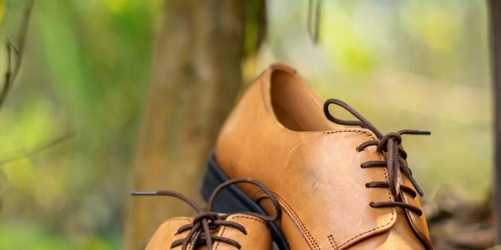 Brown leather boot with dark laces resting outdoors, showing subtle scuff marks on the leather.