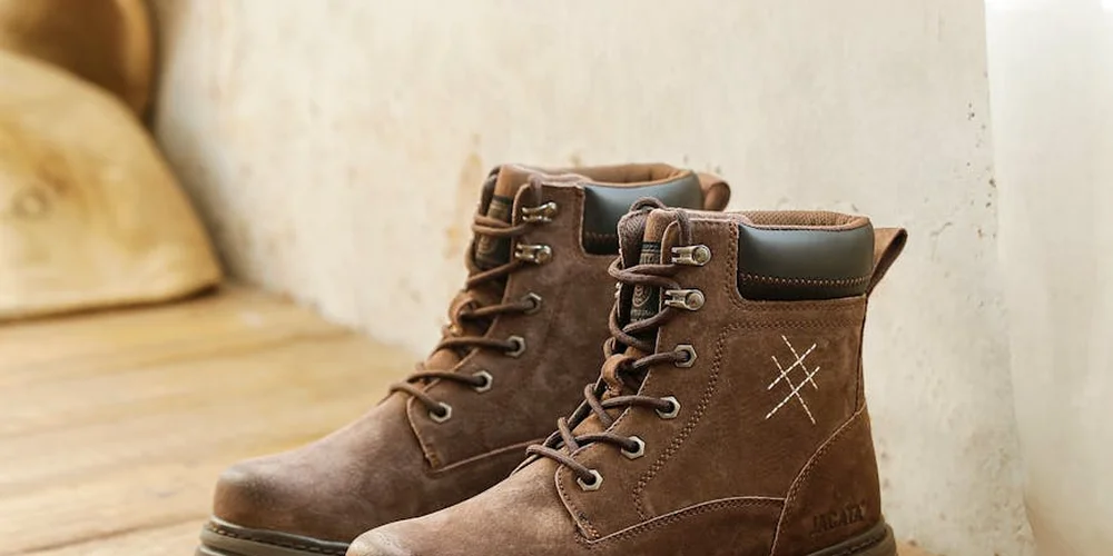Brown leather lace-up ankle boots on a wooden floor