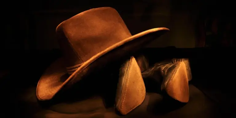 Brown leather hat with matching leather accessories photographed in warm, low-key lighting.