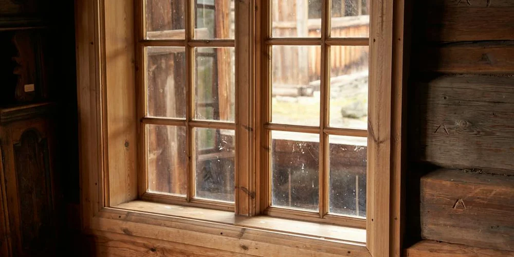 Sunlit wooden cabin interior with a large window and paneled logs, showing natural light in a cozy space.