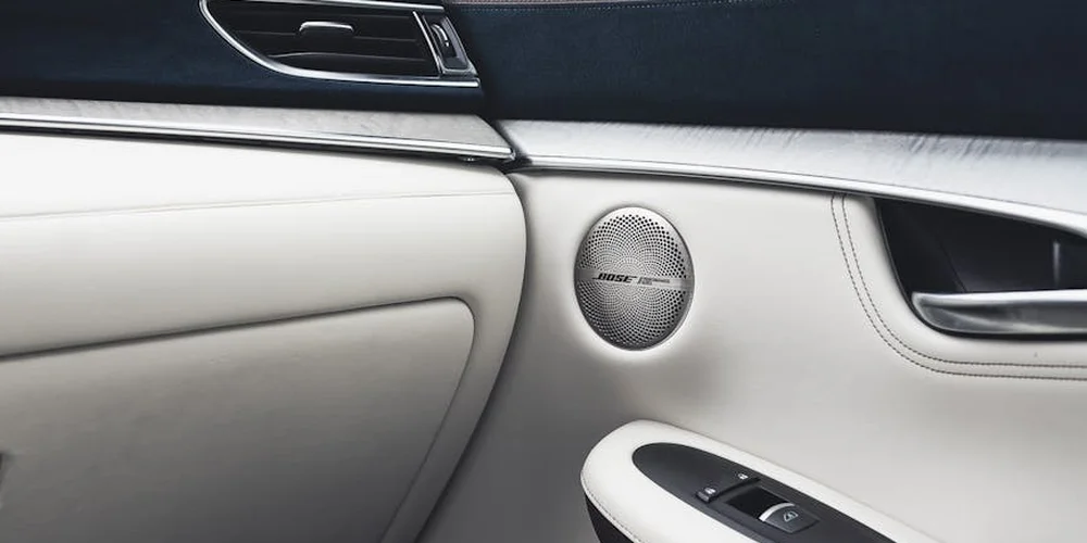 Close-up of a light beige leather car interior door panel with a speaker and window controls.