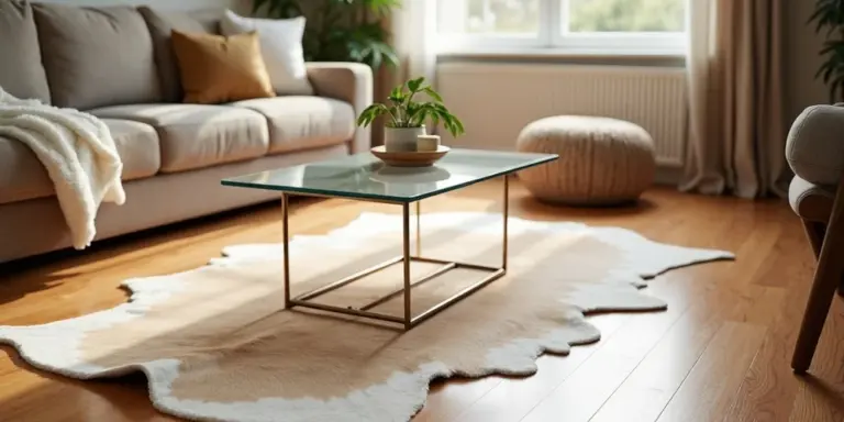 Living room with a cowhide rug laid flat on wooden flooring beneath a glass coffee table, beige sofa, and natural light.