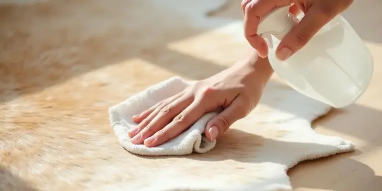 Close-up of hands cleaning a cowhide rug with a spray bottle and microfiber cloth, preserving the natural hair.