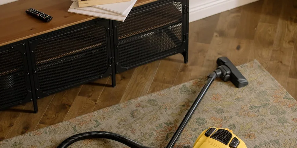 A vacuum cleaner on a light-colored cowhide rug, prepared to remove surface dirt as the first step in deep cleaning.