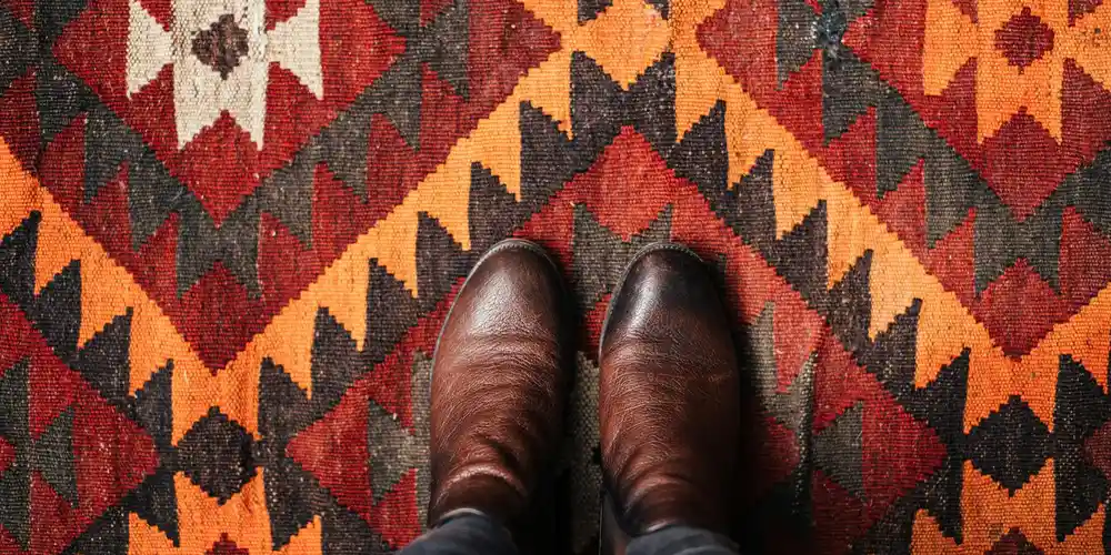 Brown leather boots on a colorful geometric rug
