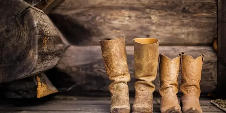 A row of worn leather boots resting on a rustic wooden surface.