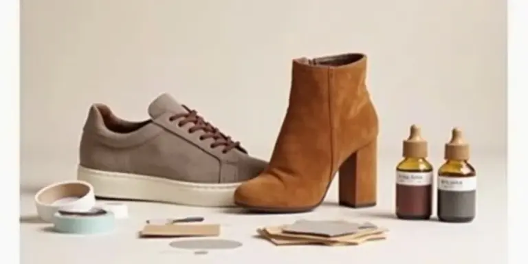A gray faux suede sneaker and a brown genuine suede ankle boot sit beside dye bottles, swatches, and small applicator tools on a light background.