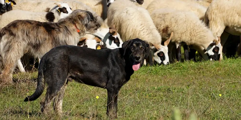 A black dog standing on green grass with a group of sheep in the background on a farm.