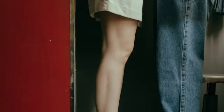 Partial view of a person’s legs wearing beige shorts and denim jeans against a red wall; sneakers are not visible.