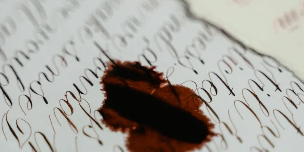 Close-up of a brown ink blot on handwritten paper