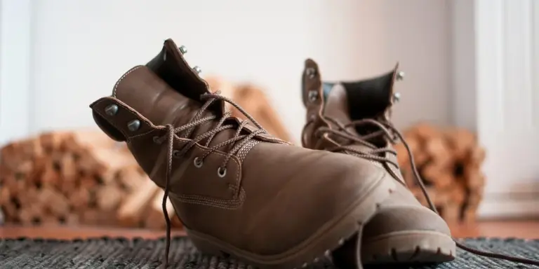 Brown leather boots with laces and metal eyelets resting on a wooden surface.