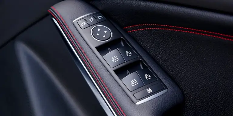 Close-up of a black leather car door panel with window control buttons and red stitching.