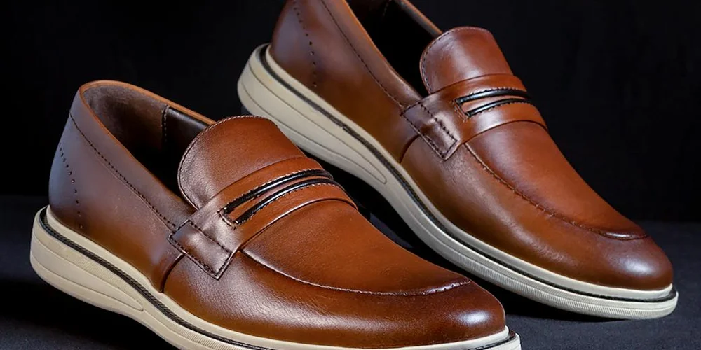 Two brown leather loafers with light soles on a dark background, showcasing a classic non-patent leather finish.