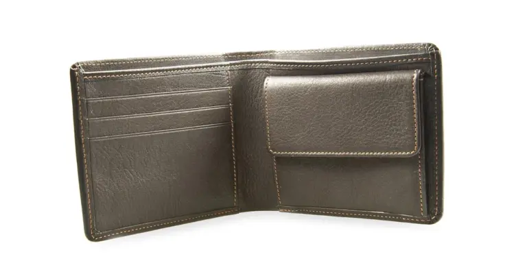 Open brown leather wallet showing card slots and a small pocket.