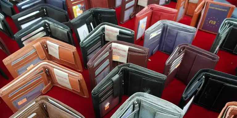 Assorted leather wallets arranged on a red display surface.