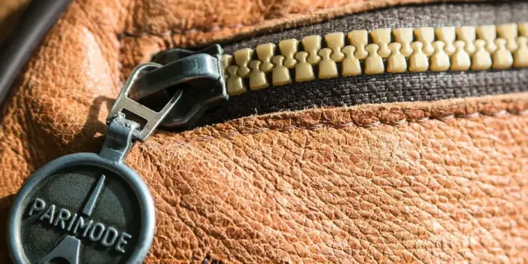Close-up of brown leather with a metal zipper and round zipper pull