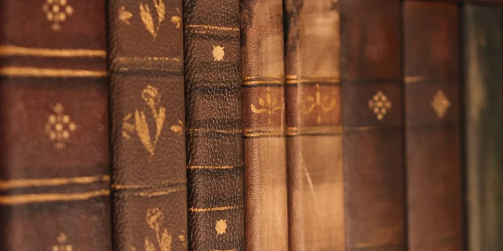 Close-up of antique leather-bound books on a shelf, showing varied textures and finishes