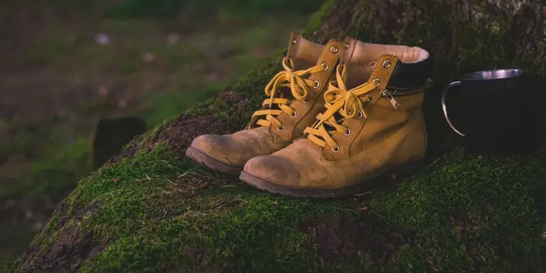 Pair of brown leather boots with yellow laces resting on a moss-covered log outdoors