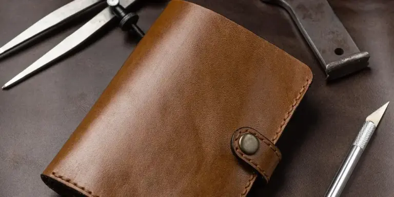 Brown leather wallet on a dark surface with scissors and a leatherworking tool nearby, illustrating leather care.