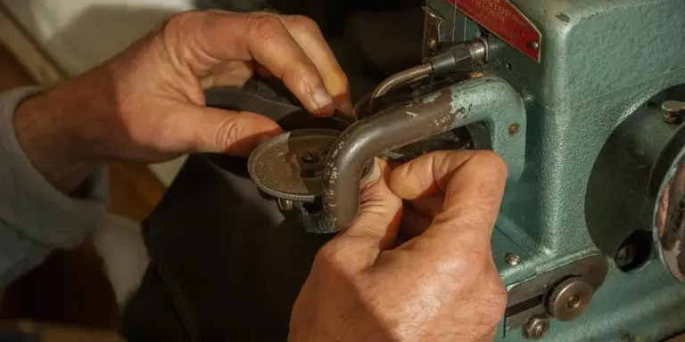 Close-up of hands operating a leather stamping tool on a leather surface under a small press