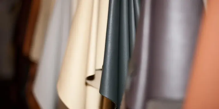 Close-up of assorted leather swatches in various colors hanging in a showroom.