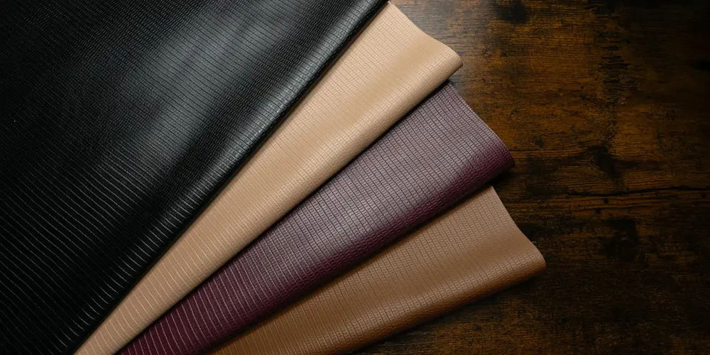 Folded leather swatches in black, beige, mauve, and brown arranged on a dark wooden surface.