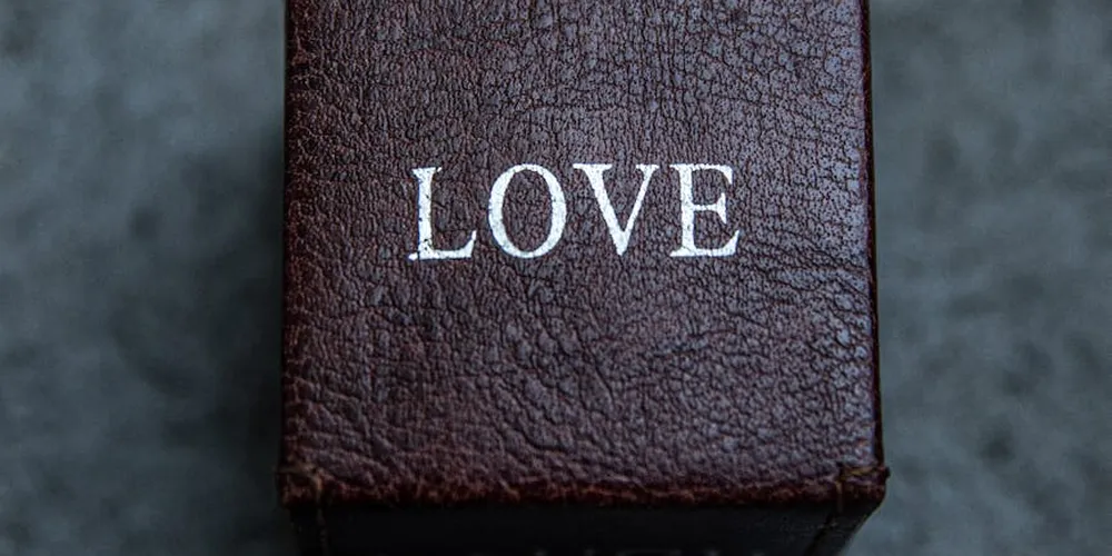 Close-up of dark brown leather with the word LOVE embossed