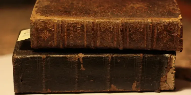 Two old leather-bound books stacked on a shelf, with worn spines and dark brown covers.