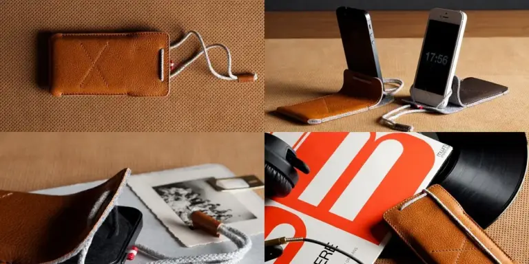 A collage of brown leather accessories on a wooden surface, including a wallet, phone stand, and cases, with a vinyl record and magazine in the background.