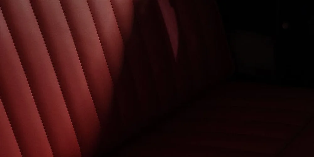 Close-up of red leather upholstery with vertical stitching, showing the texture of treated leather.