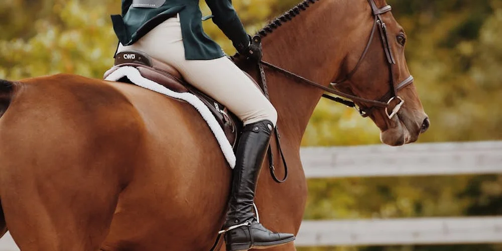 Close-up of a rider's leg in a tall riding boot seated on a leather saddle atop a horse, with a white fence in the background.