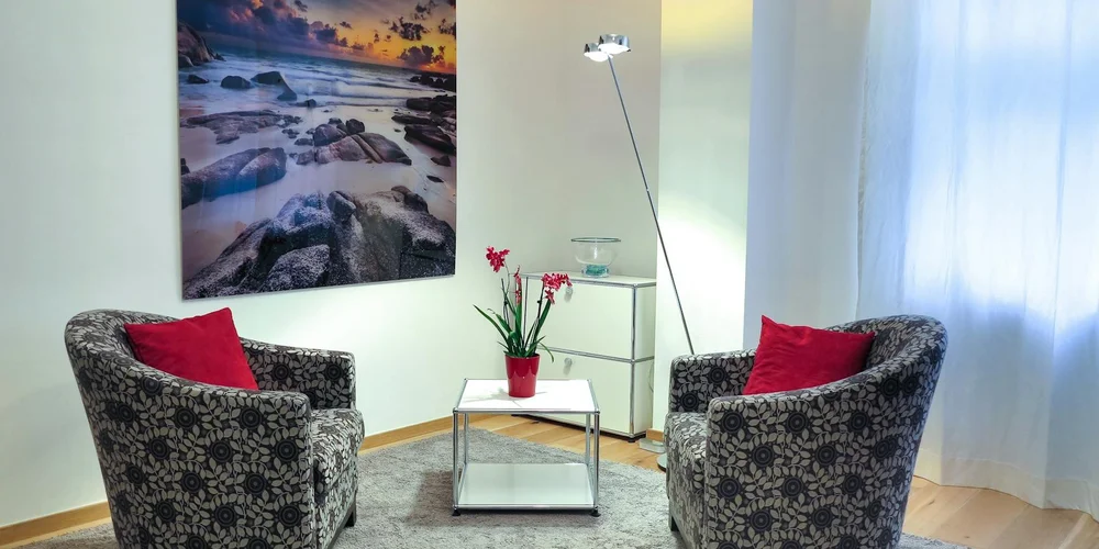 Living room scene with two patterned armchairs facing each other, each with a red throw pillow, a glass coffee table with a plant, a floor lamp, a white cabinet, and a large wall art print; sheer curtains allow natural light into the space.