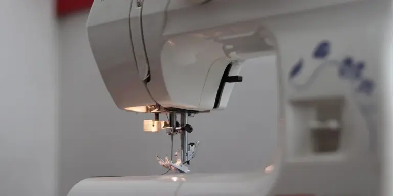 Close-up of a sewing machine needle and presser foot on leather