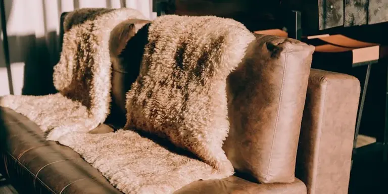 Brown sheepskin throw draped over a beige sofa in a cozy living room.