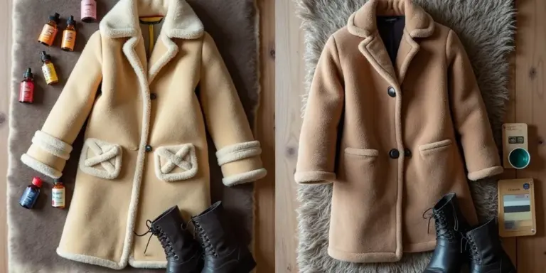 Two shearling coats, one cream and one tan, laid flat on a wooden floor with boots and dye supplies nearby.