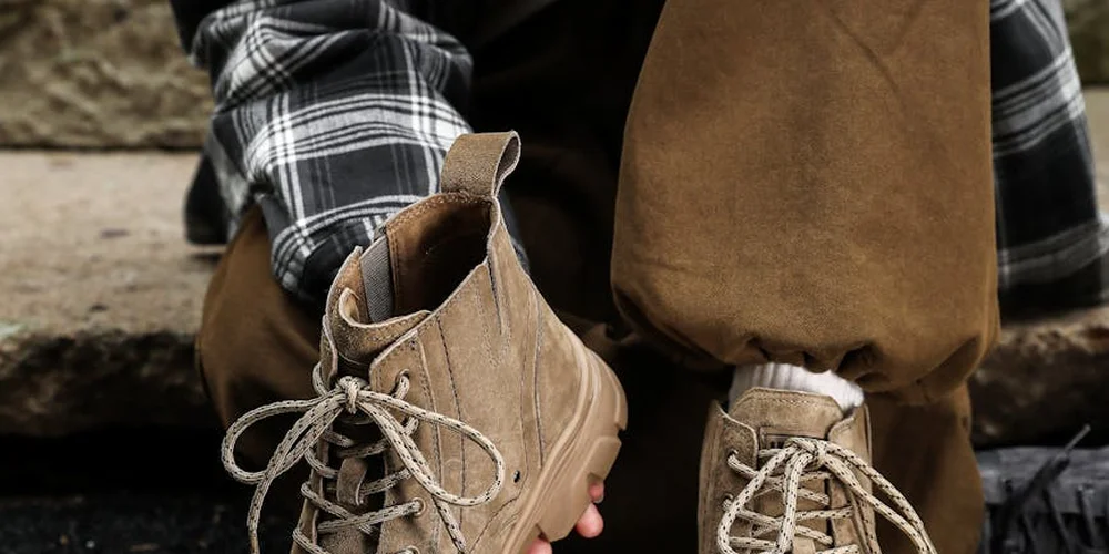 A pair of tan suede lace-up boots resting on a stone surface, worn by a person in brown pants and a plaid shirt.
