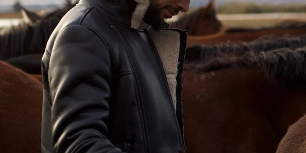 A man wearing a black leather jacket with a shearling collar stands outdoors near horses.