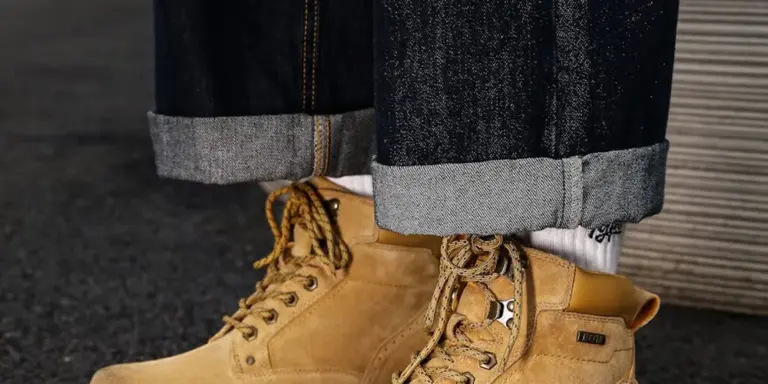 Close-up of tan suede sneakers with laces, rolled cuffs, and white socks.