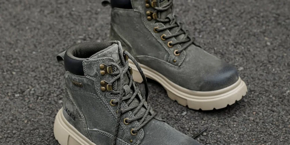 Gray suede combat boots with laces resting on a paved surface, ready to transition into spring wear.