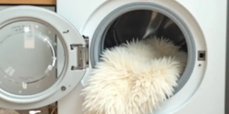 A fluffy white sheepskin rug loaded into a front-loading washing machine.