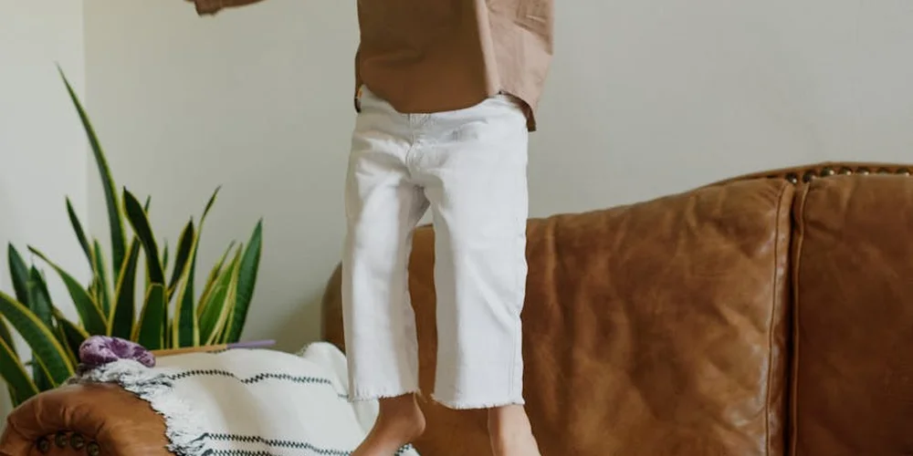 Person standing near a brown leather couch in a living room with a white dog on the floor and a plant in the background.